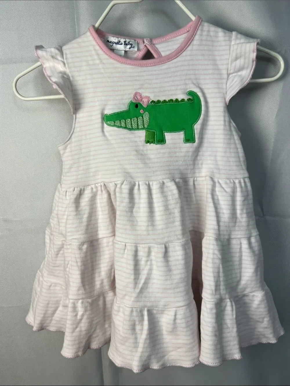 Magnolia Baby pink & white stripe  tiered dress with alligator appliqué 12 Mon